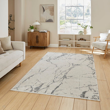 Mirage MR15 Modern Abstract Distressed Metallic Shimmer Soft Textured High-Density Polyester/Viscose Mix Low Profile Short Pile Grey/Cream Rug-Think Rugs-Rug Love - The Most Loved Rug Store